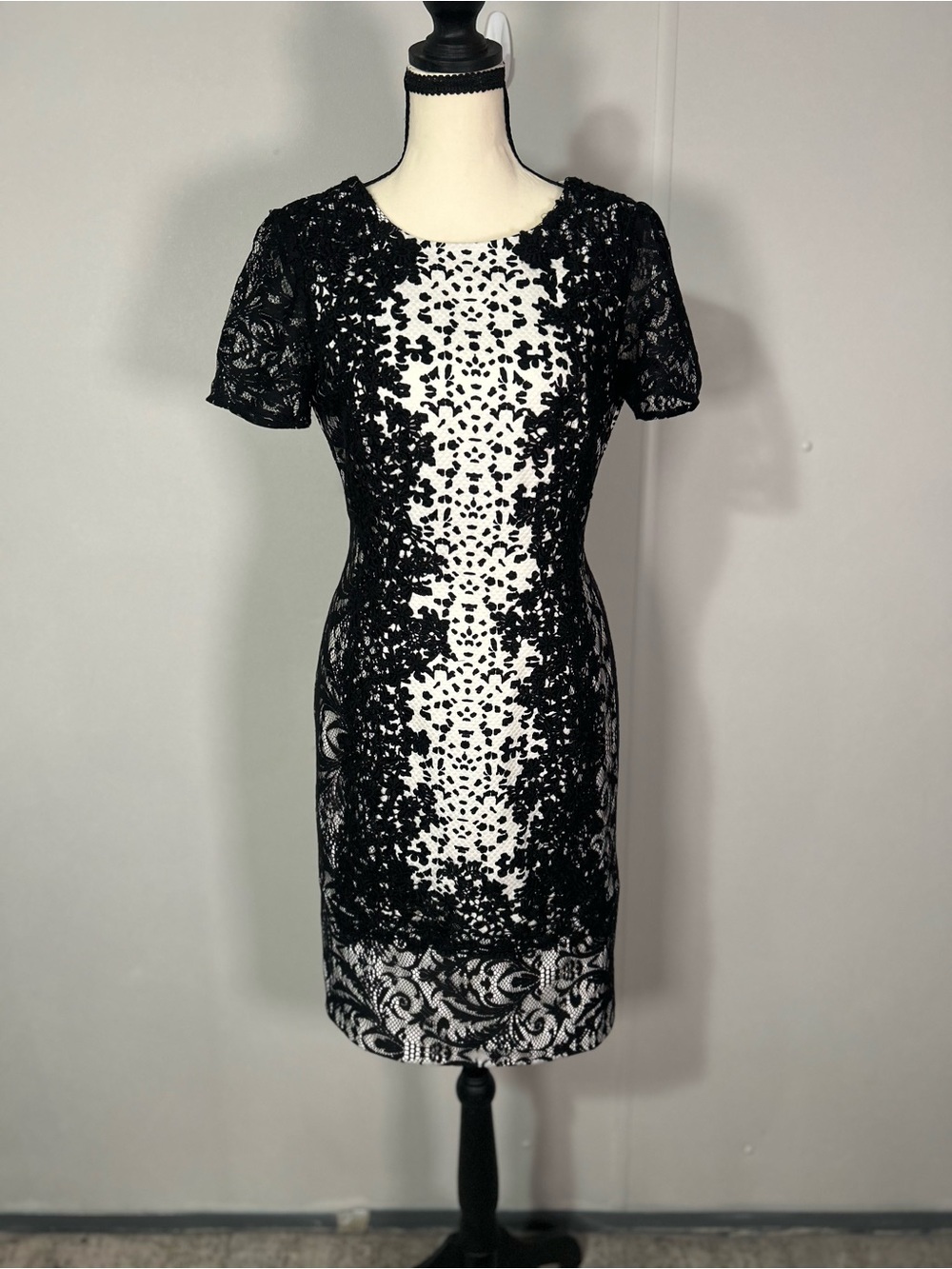 ANTONIO MELANI Black and White Lace Sheath Midi Dress